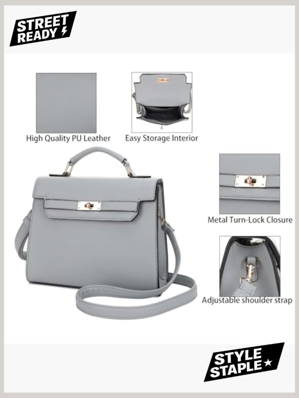 Top Handle Satchel with Detachable Strap Small Pebbled Leather Crossbody Bag - Picture 4 of 6